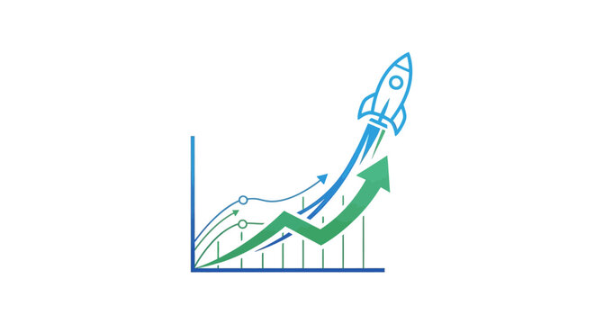 Business growth concept with rocket ship launching from an upward trending financial chart representing startup success