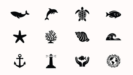 Marine life and underwater creature icons including whale dolphin sea turtle and starfish. © Somiran