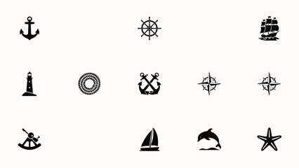Marine icon set showing anchor steering wheel sailing ship lighthouse rope compass star. © Somiran