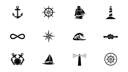 Set of maritime nautical icons featuring anchors ship wheels sailing vessels lighthouses. © Somiran