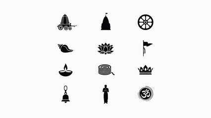 Religious icon collection featuring chariot temple wheel shell lotus flag diya rope crown. © Somiran