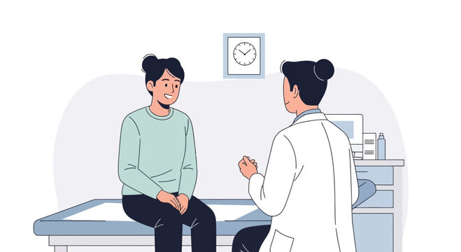Doctor examining patient in medical clinic flat illustration, healthcare consultation