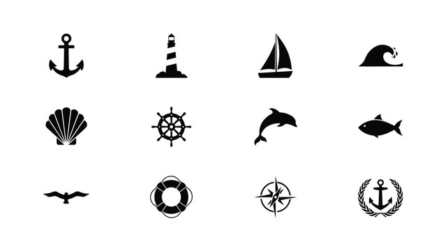 Maritime collection icons with anchor lighthouse sailboat wave shell dolphin fish compass.