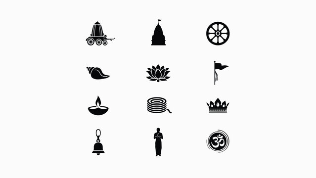 Religious icon collection featuring chariot temple wheel shell lotus flag diya rope crown.