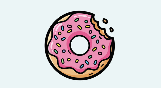 Drawn Illustration of a Delicious Glazed Pink Donut with Colorful Sprinkles and a Bite Taken Out for Sweet Dessert Concept Art