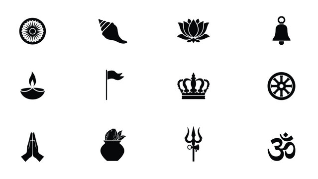 Black silhouette collection of religious symbols including lamps conch and indian emblems.