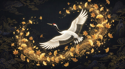 Obraz premium Elegant White Crane Flying Through Golden Leaves and Sparkles
