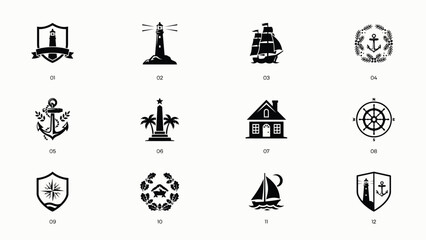 Set of nautical icons featuring lighthouses sailing ships anchors and various sea themes. © Somiran