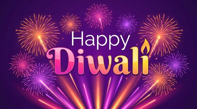 Happy Diwali postcard. Festive neon lights, candles and fireworks background with 3d creative logotype design