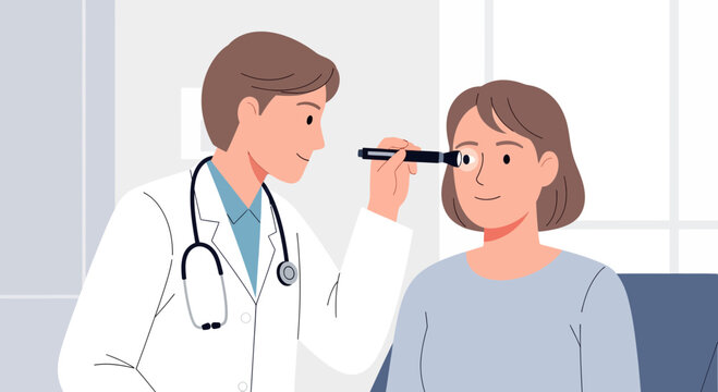 Ophthalmologist examining patient's eye with penlight in clinic