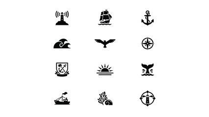 Set of maritime and nautical icons featuring ships lighthouses anchors and sea elements. © Somiran