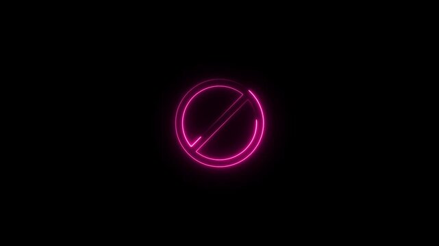 Pink color neon ban or no entry icon animation in black background.4k animation motion graphics video.