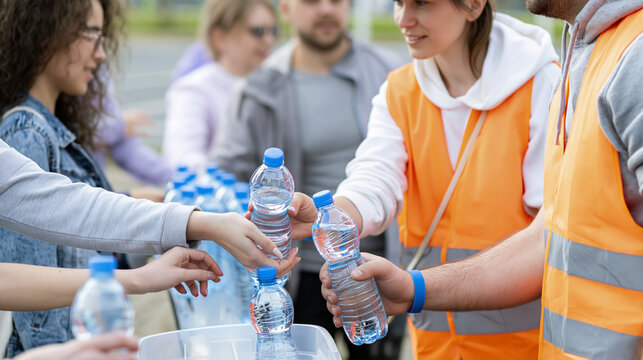 Volunteers distributing drinking water to people during extreme heatwave in europe providing hydration support and community relief amid rising summer temperatures and climate change
