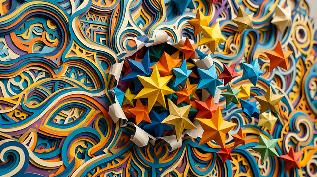 Multicolored layered paper star art with multi colored colorful quilling dimensional creative intricate sculpture handmade aesthetic decoration detailed abstract papercraft composition