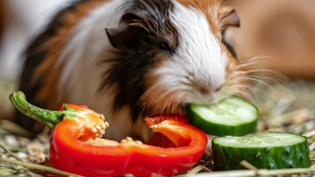 Guinea pig enjoys fresh vegetables in cozy setting with colorful snacks