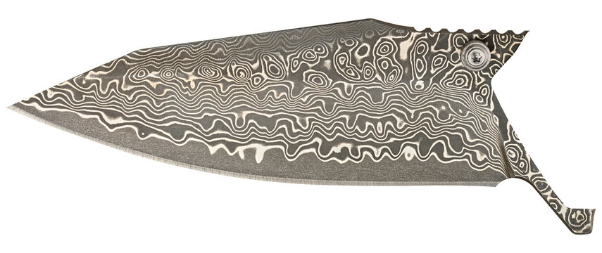 A knife blade with the characteristic wavy and ringed pattern typical of Damascus steel.