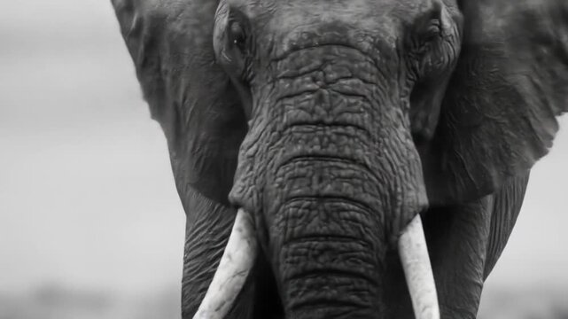 Close up of a majestic elephant with large tusks in a monochrome portrait