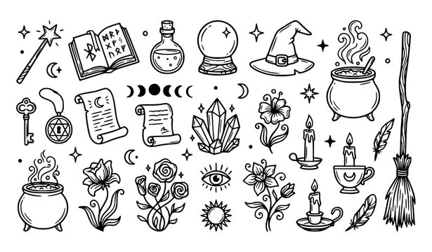 Witchcraft and magic doodle elements collection hand drawn vector illustration