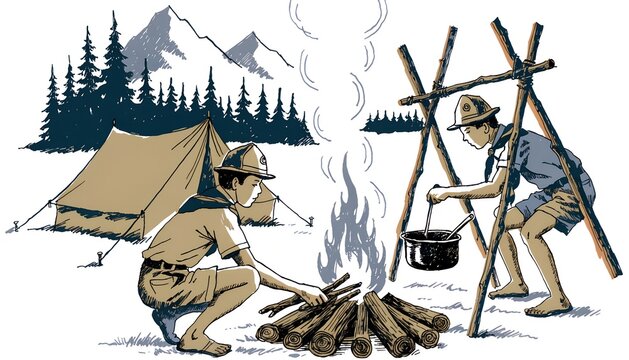 Boy scouts camping in the mountains, cooking over a campfire and setting up tents in a vintage hand-drawn illustration style