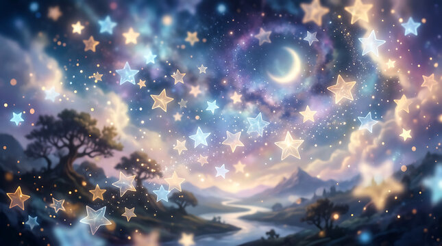 Fantasy night landscape with crescent moon and magical stars landscape ethereal nighttime celestial environment tranquil peaceful mountains enchanted atmosphere mystical beautiful