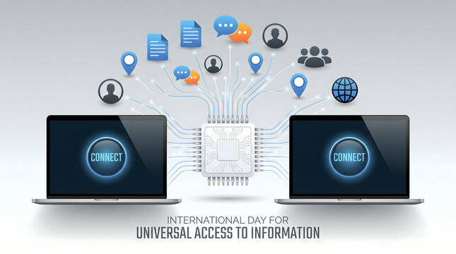 International Day for Universal Access to Information concept with laptops and digital icons