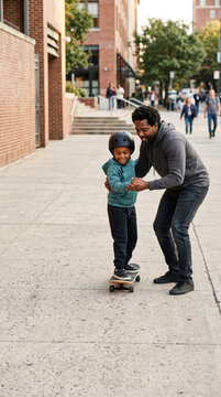 Black dad teaching child to ride skateboard, urban lifestyle, Happy Father's Day
