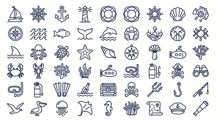 Marine icons set represents nautical themes and underwater exploration tools for ocean related graphic projects. © ocil