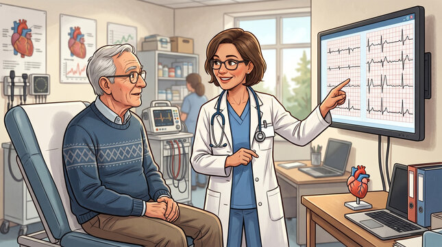 Cartoon semi-realistic illustration of a cardiologist analyzing ECG patterns on a digital screen while discussing results with a patient