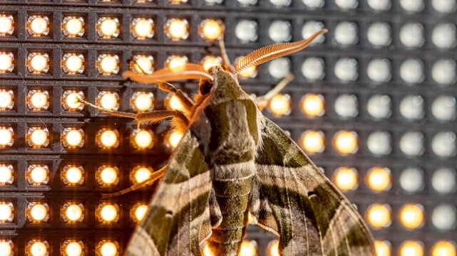 Responding to warm LED light, large moth sweeping antennae and adjusting grip on LED panel