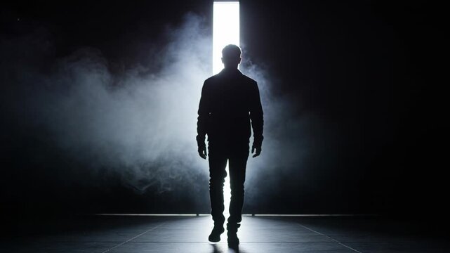 Emerging male walking from light slit on tiled floor through fog toward camera, in dark jacket