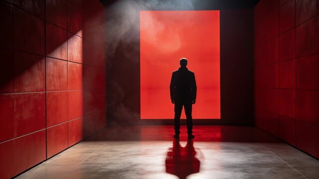 Walking man in dark suit approaching bright red opening at studio, fog machine releasing smoke