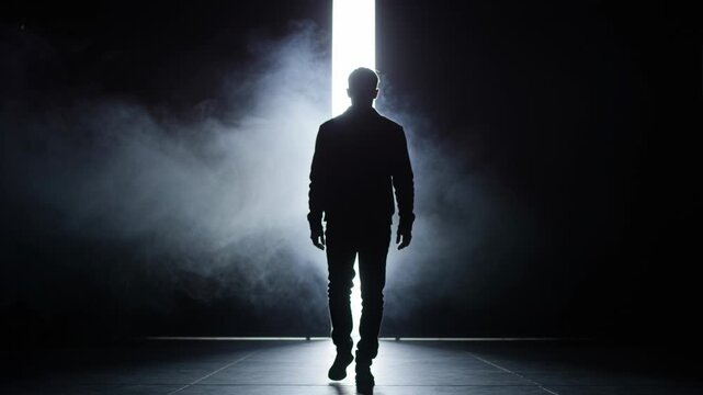 Stepping man wearing jacket walking from bright slit into dark set, fog on tiled floor, pausing