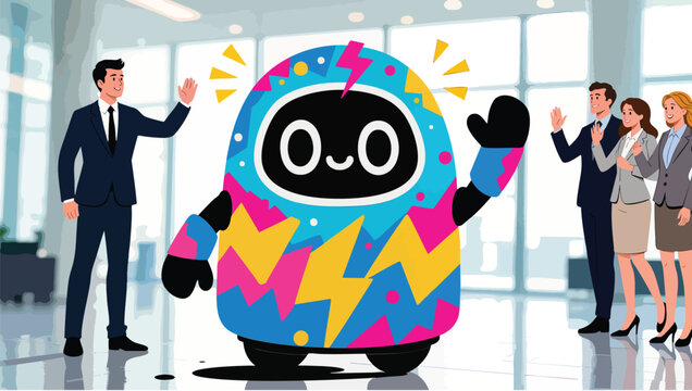 Colorful, fun robot interacting with business people in an office robot.