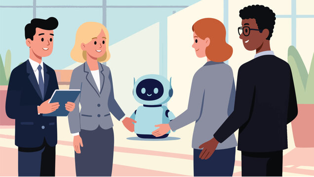 Diverse business team shaking hands with a small robot in a bright office robot small.