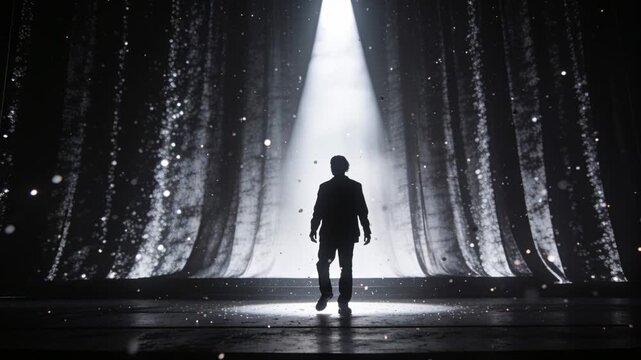 Walking man in suit entering onstage spotlight from shadow, stopping centered amid curtain dust