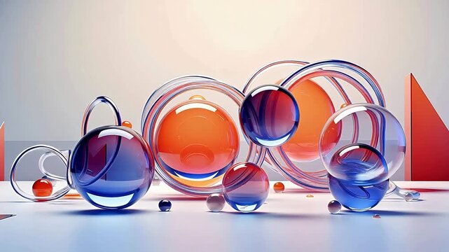 Digital technology floating geometrical elements colorful transparent glass background