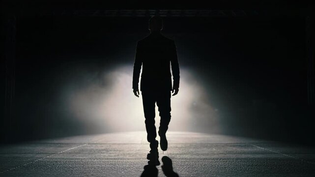 Walking man in suit heading toward bright backlight on studio floor, entering lit hazy zone