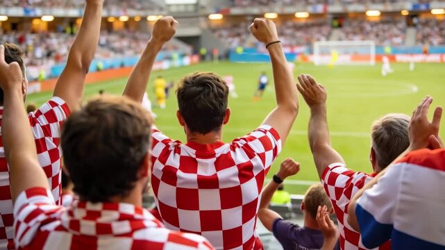 Cheering fans in red-white jerseys clapping, pumping fists in stand reacting to players near goal