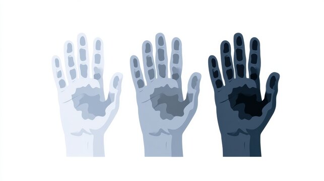Three finger silhouettes show skin layer details with color change from pale to dark representing frostbite severity and effects.