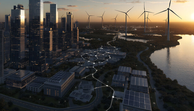 Modern smart city powered by a decentralized energy grid with solar panels and wind turbines, connected through illuminated paths symbolizing energy flow at sunset. 

