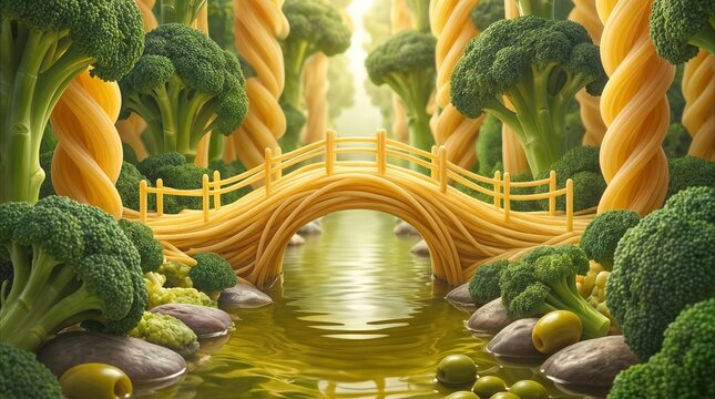 Spaghetti bridge crossing olive oil river in surreal food landscape. Fantasy forest featuring broccoli trees and fusilli pasta trunks.