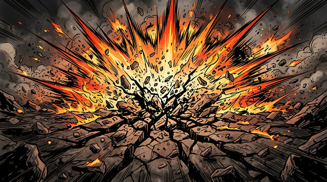 A fiery explosion erupts from cracked earth with flames and smoke rising high in the air