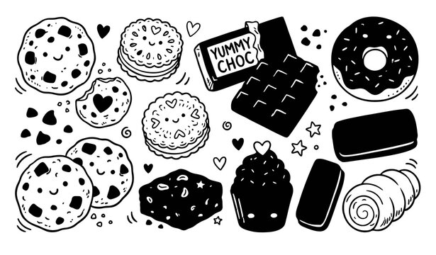 Sweet Chocolate Cookies and Biscuits Doodle Vector Illustration