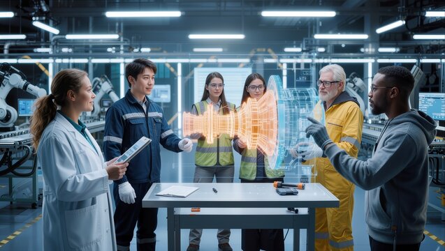 Multiethnic team of engineers examining 3D holographic turbine model in high-tech manufacturing facility. Collaborative industrial design and digital twin technology development.