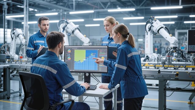 Production engineers monitoring automated assembly line performance on computer screen. Team of technicians supervising robotic arms in modern smart factory.