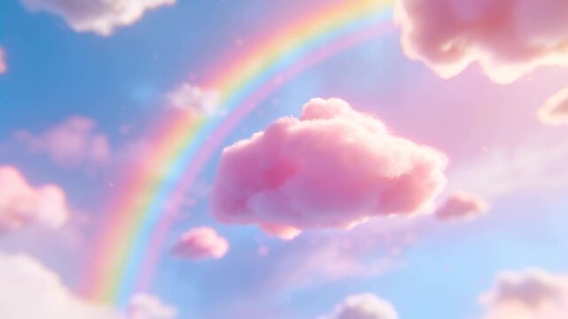 Following camera push, large pink cloud drifting right in pastel sky, rainbow arc and sparkling