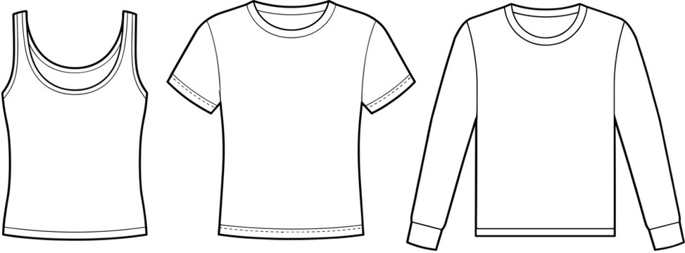 Blank tank top t-shirt long-sleeved shirt mockup vector illustration, apparel technical sketch template set line art