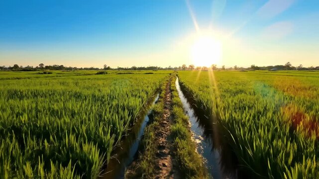 Bright sun rises over rice fields in the morning  showing green plants and water pathways
