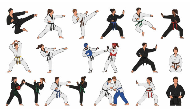 Martial Arts Athletes Collection with Taekwondo Karate and Judo Fighters Pose Vector Illustration