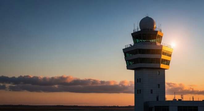 Air traffic control tower at sunset with warm golden lighting in silhouette for aviation
